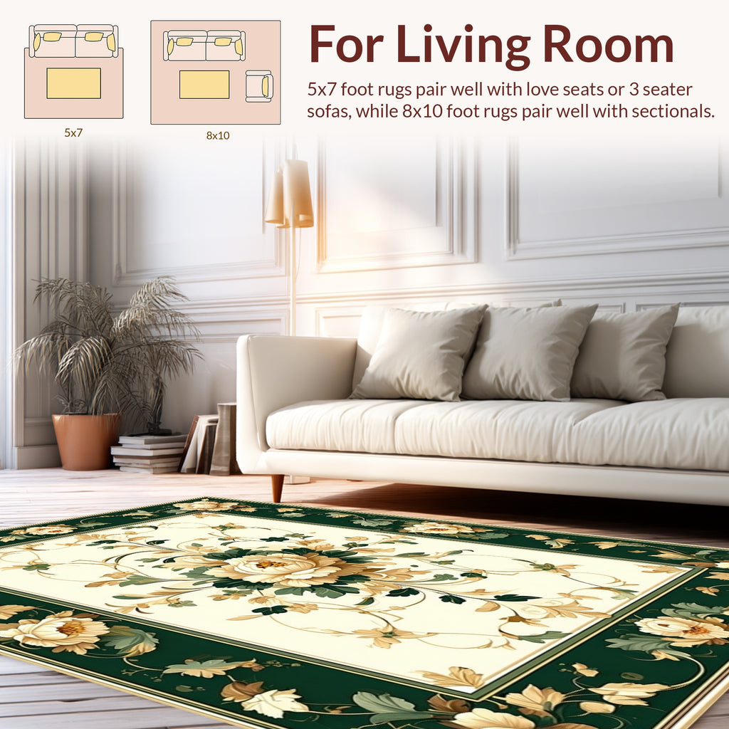Elegant Floral Scrollwork Ivory Green Rug