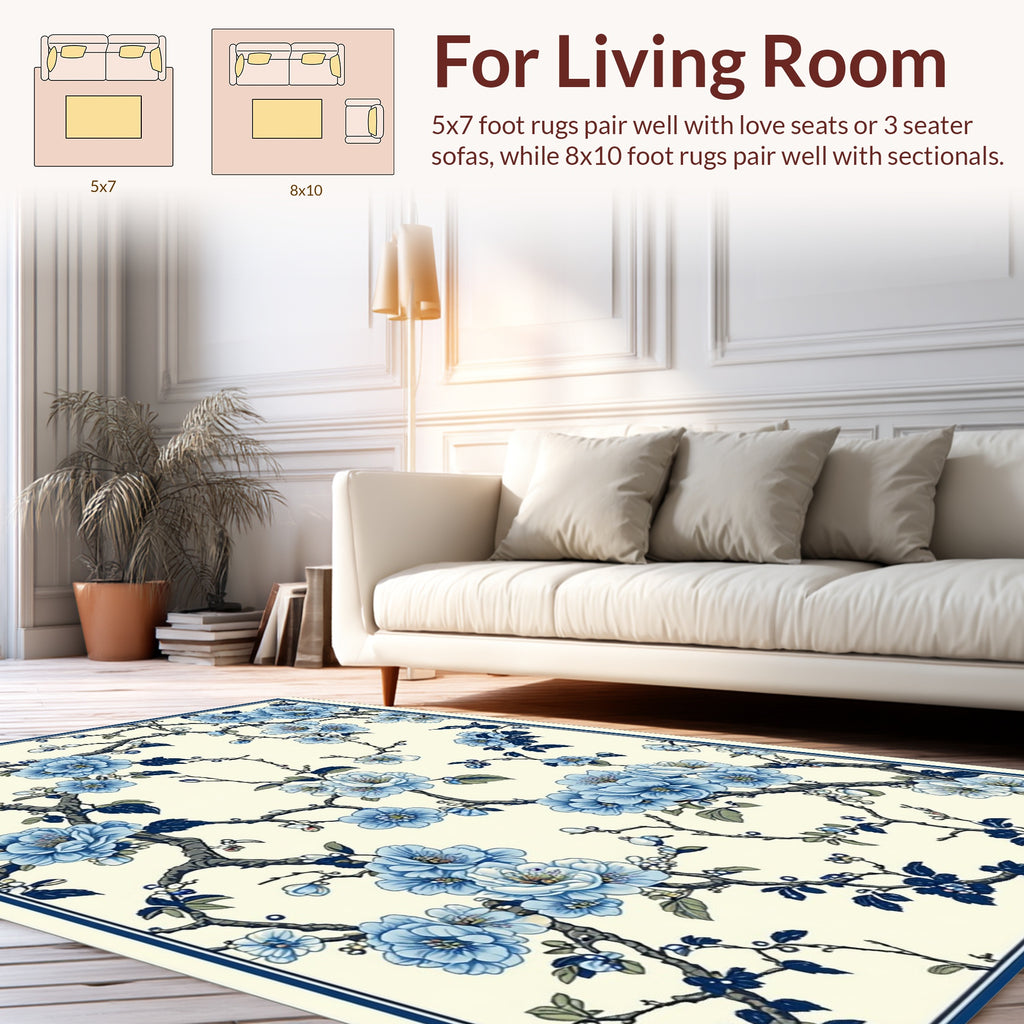 Elegant Blue Blossom Branch Pattern Rug