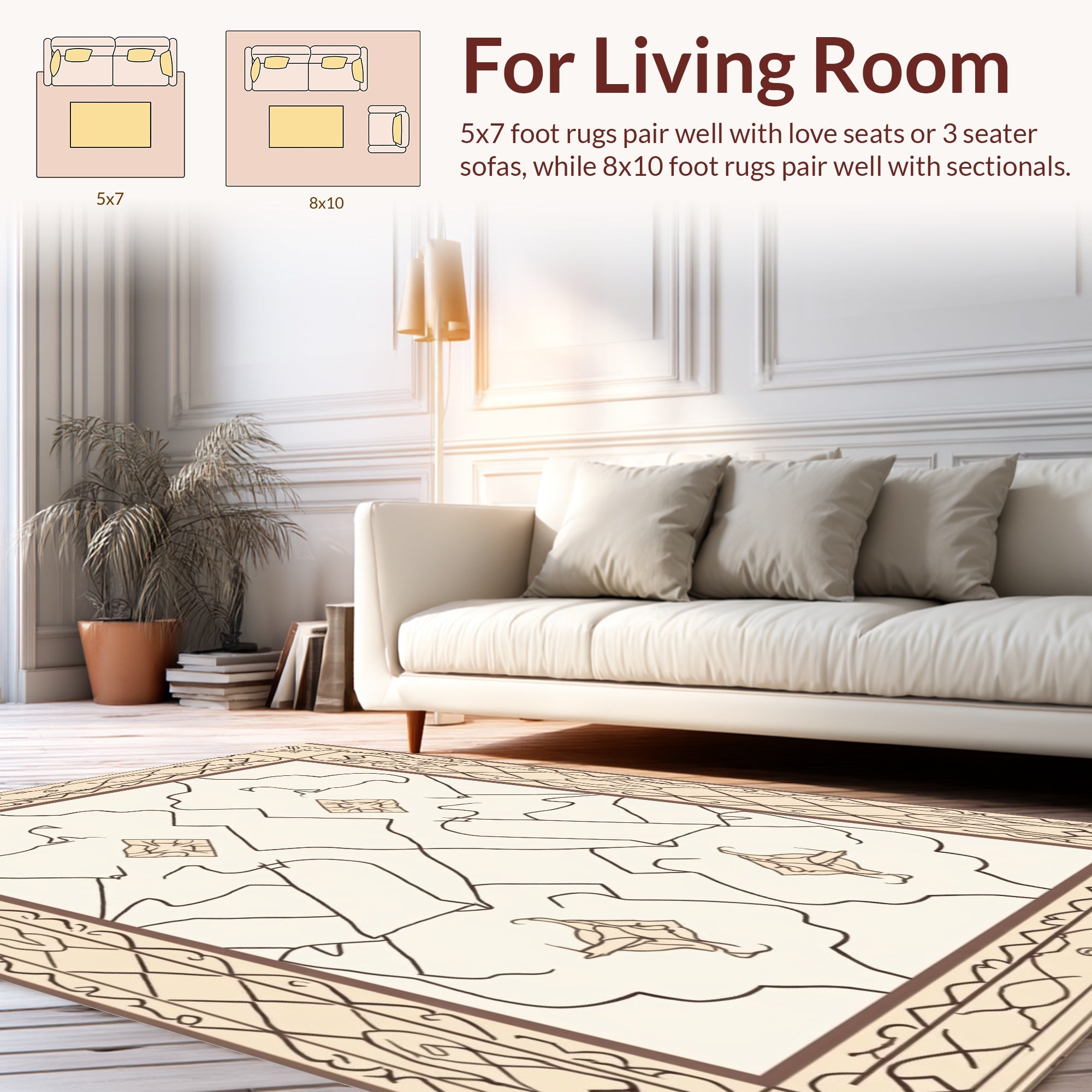 Ornate Cream and Brown Floral Pattern Rug