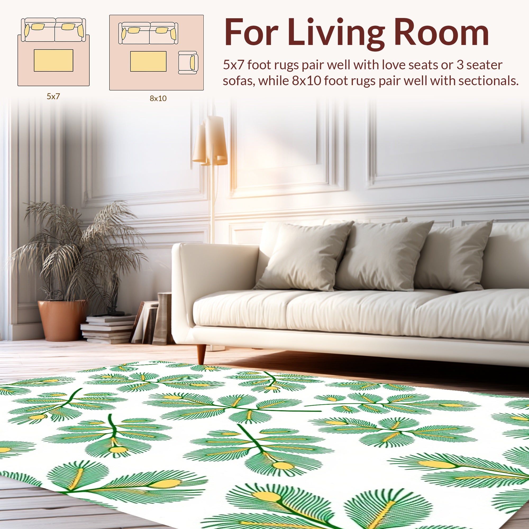 Green Yellow Botanical Branch Pattern Rug