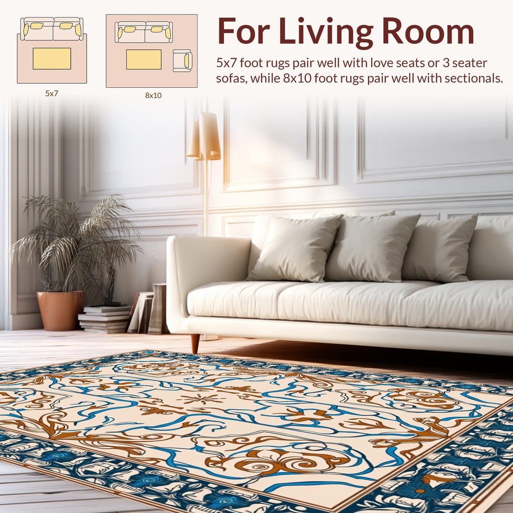 Ornate Blue Brown Floral Scroll Design Rug