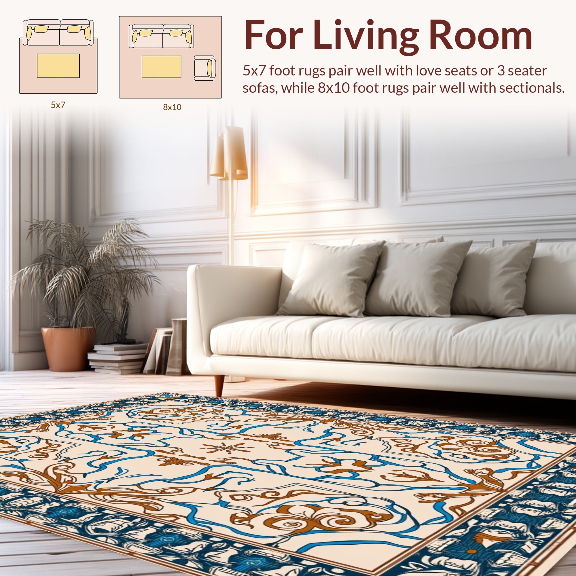 Ornate Blue Brown Floral Scroll Design Rug