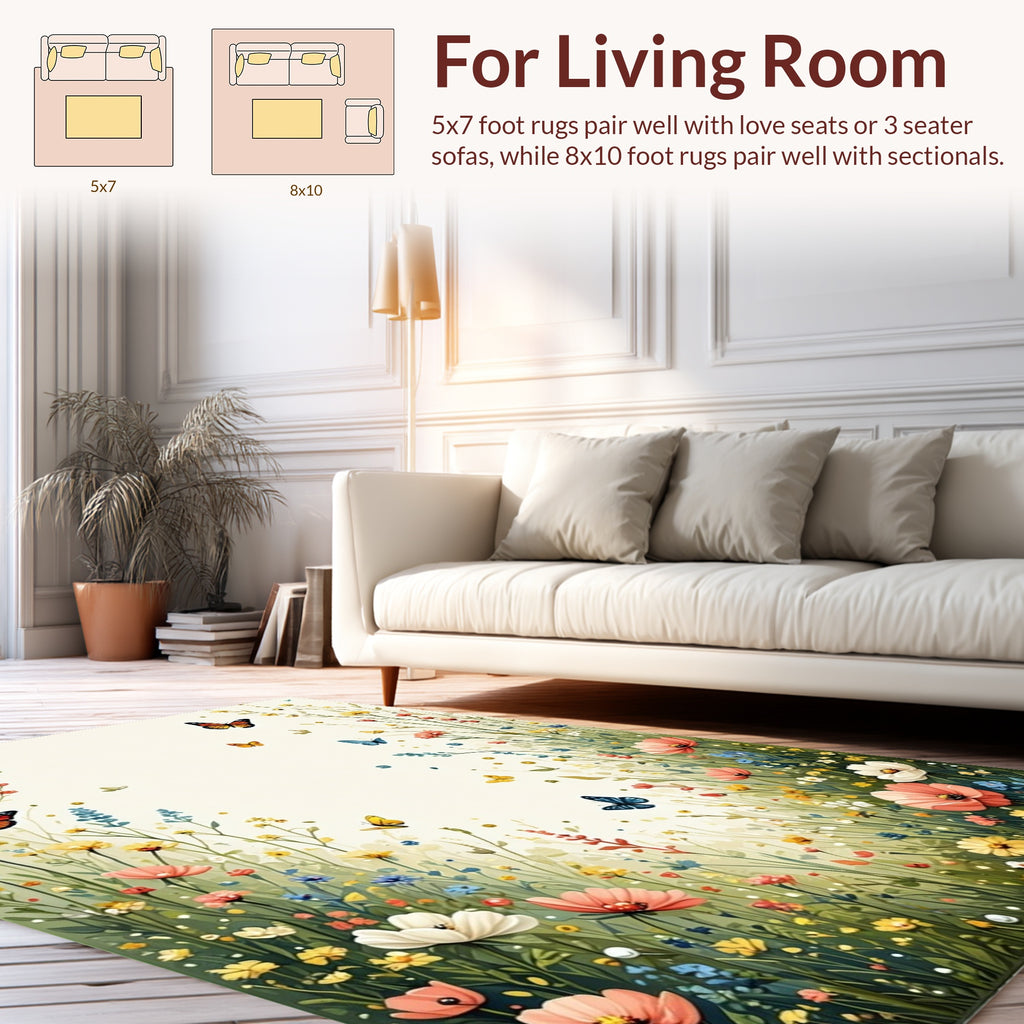 Whimsical Garden Meadow Butterfly Bloom Design Rug