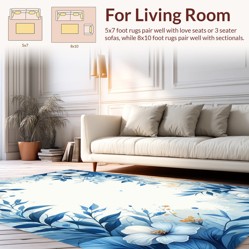 Elegant Blue Floral Watercolor Art Rug