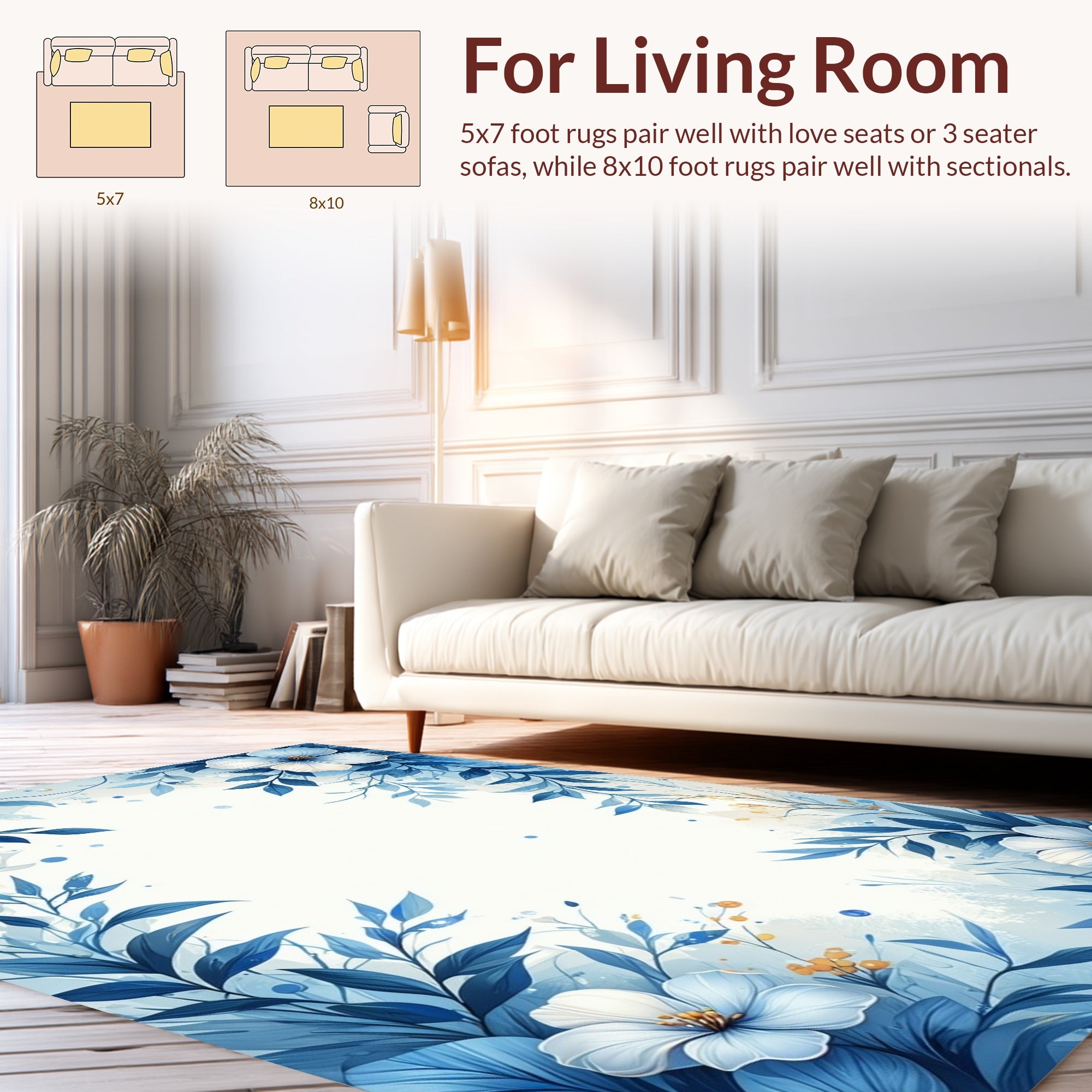 Elegant Blue Floral Watercolor Art Rug