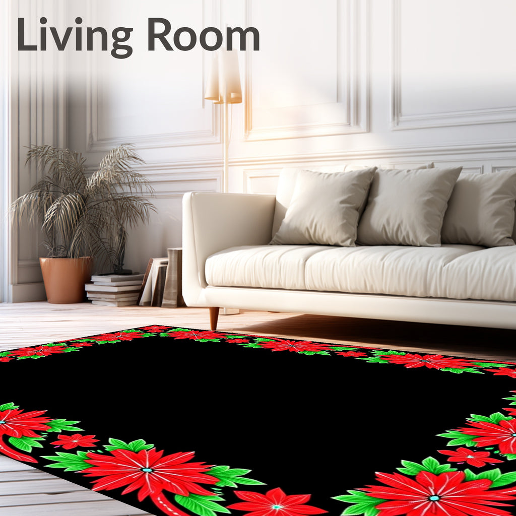 Bright Red Poinsettia Floral Border Rug