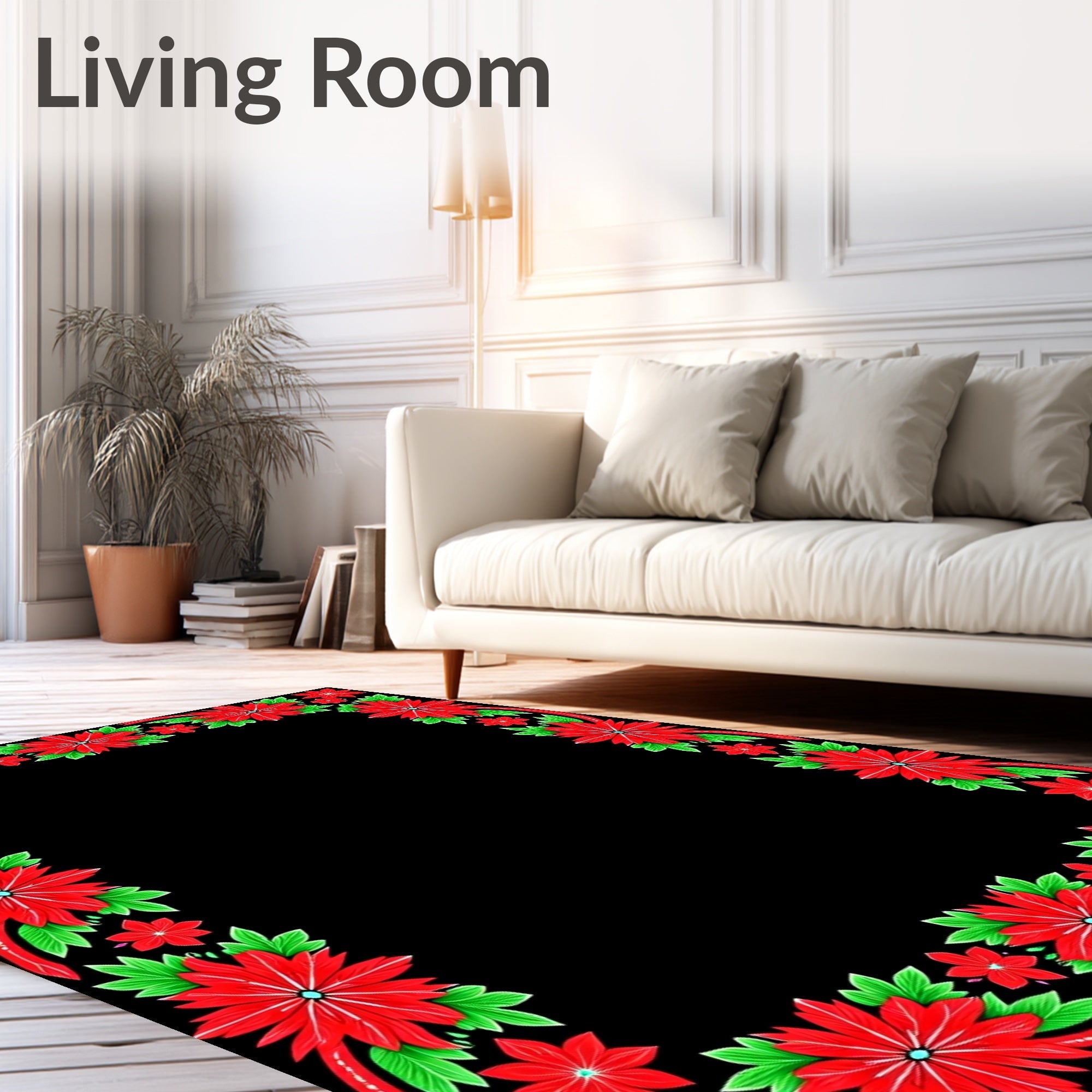 Bright Red Poinsettia Floral Border Rug