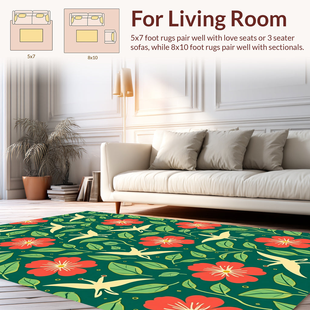 Whimsical Bird and Flora Pattern Rug
