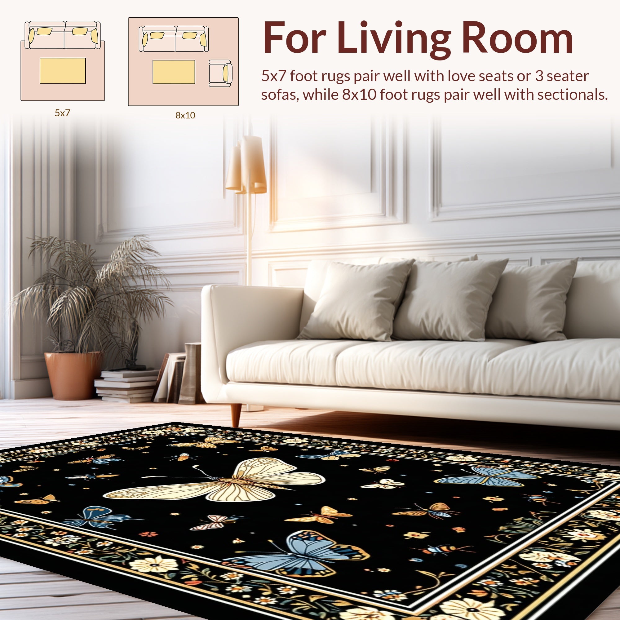 Floral Butterfly Whimsical Black Rug