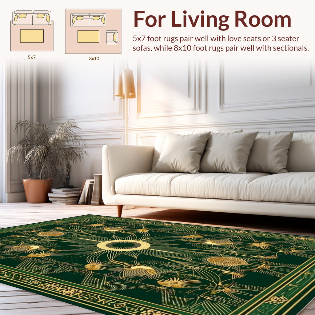 Ornate Emerald Sunburst Geometric Design Rug