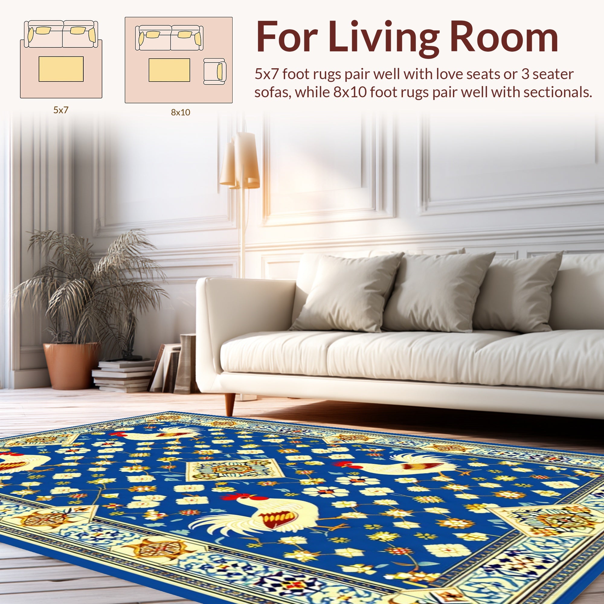Roosters Floral Geometric Blue Rug