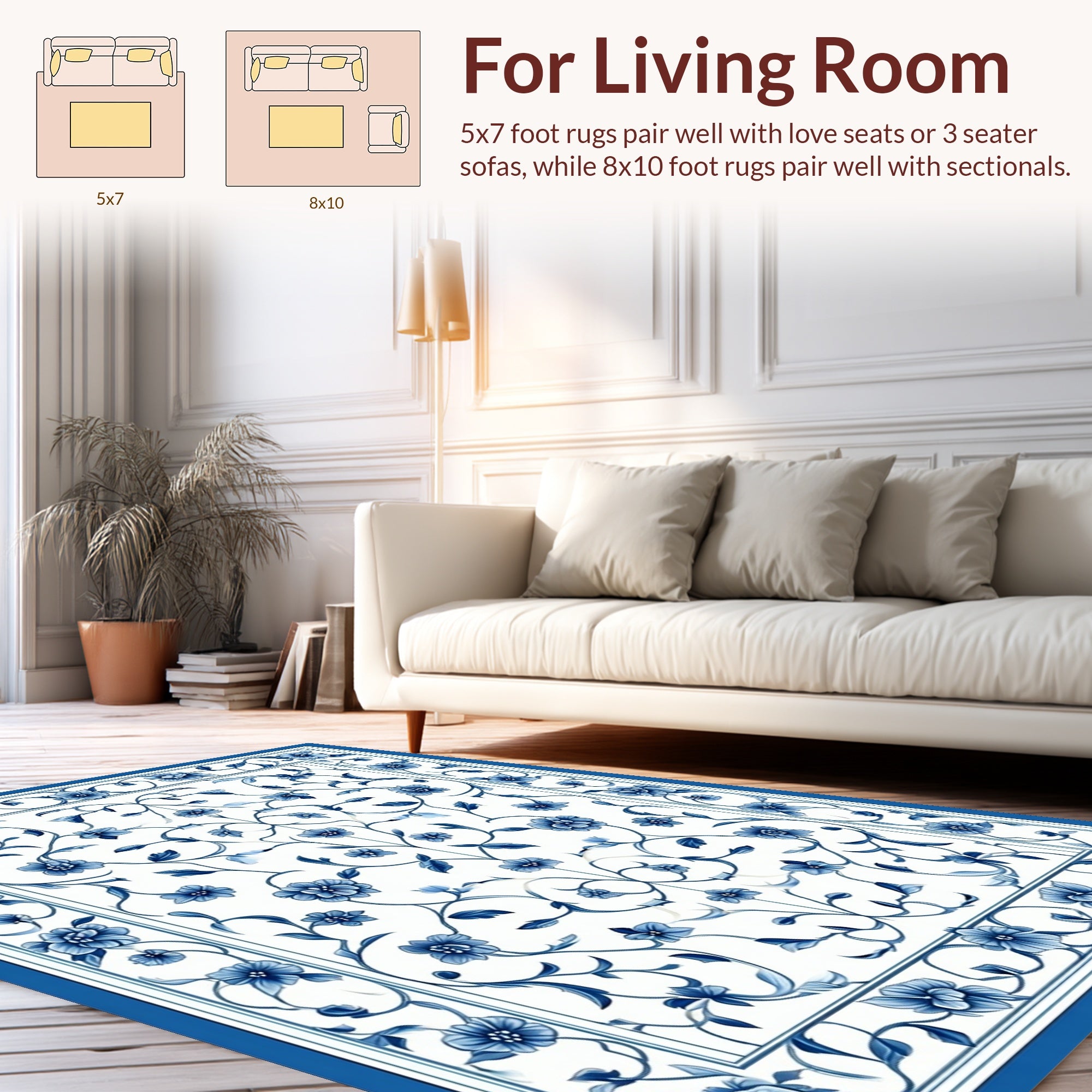 Blue Floral Vine Patterned Rug