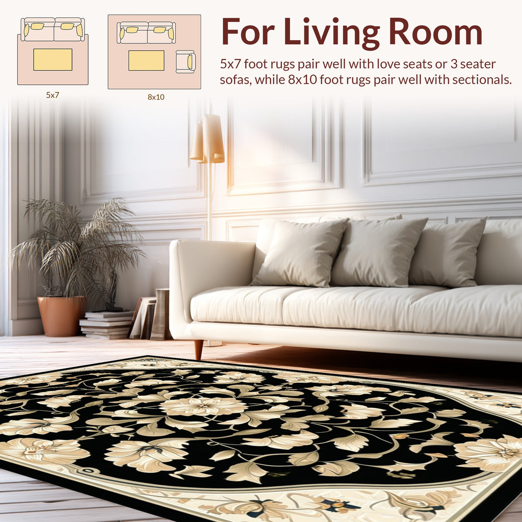 Intricate Floral Mandara Black Tan Rug