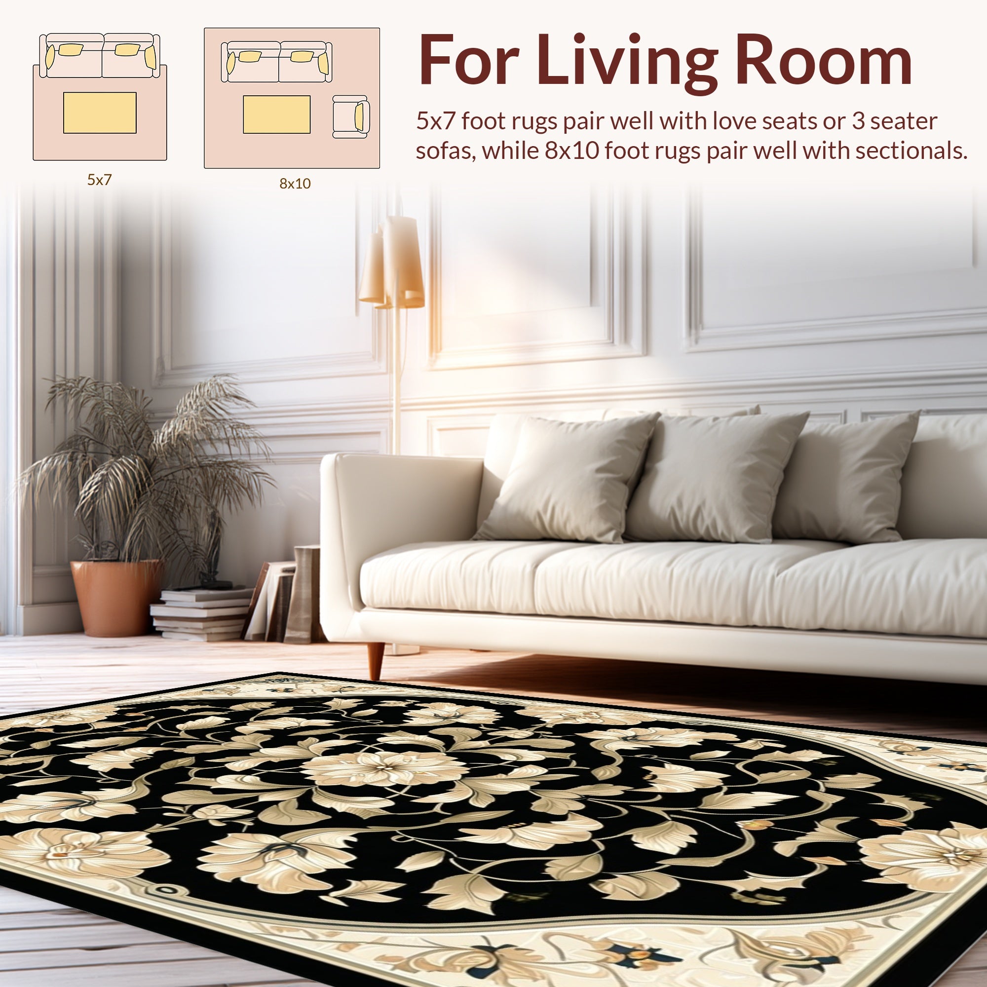 Intricate Floral Mandara Black Tan Rug