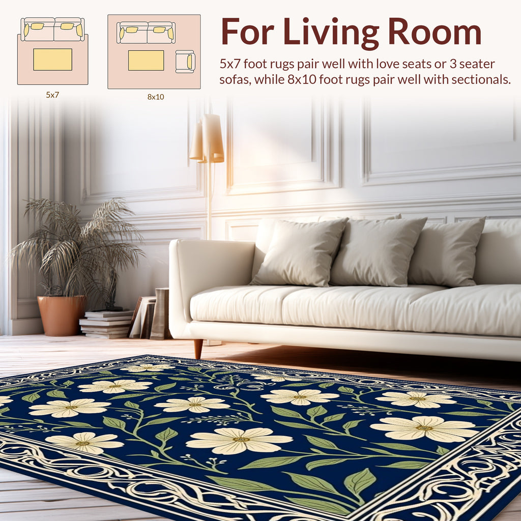 Classic Floral Bordered Navy Rug