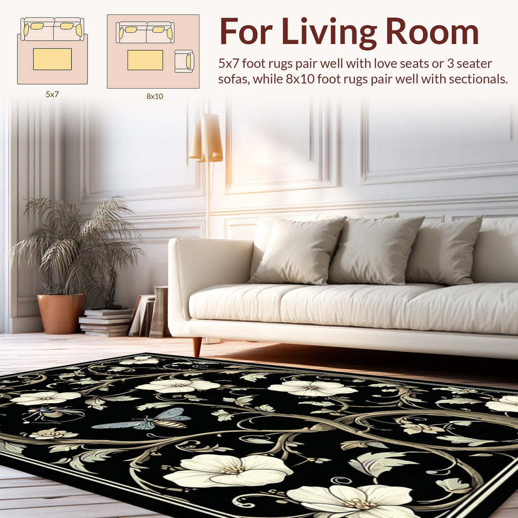 Black Floral Insect Botanical Design Rug