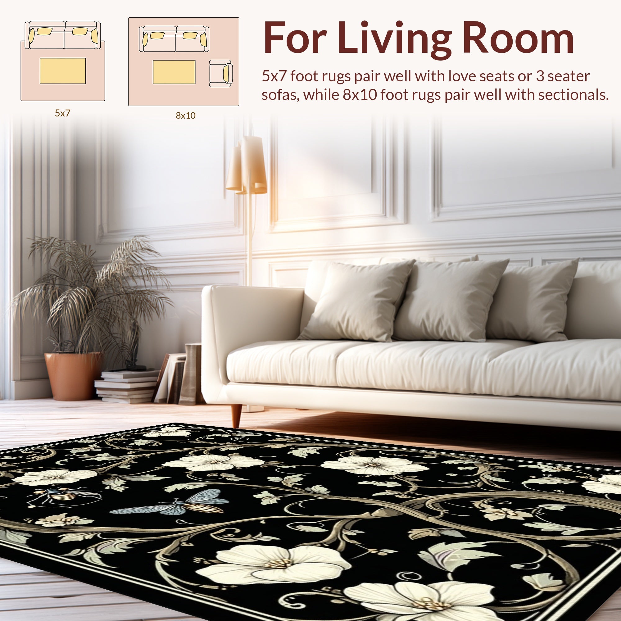 Black Floral Insect Botanical Design Rug