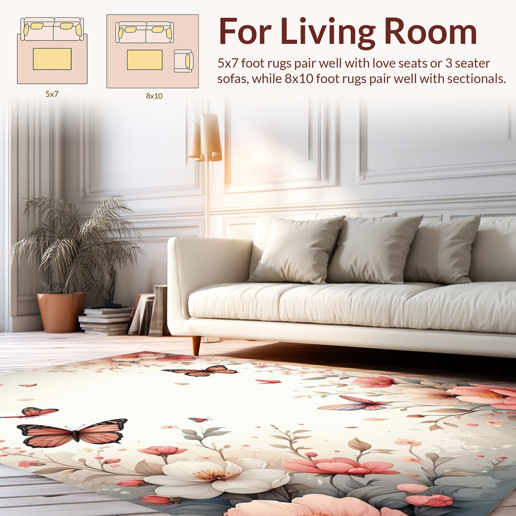 Delicate Floral Butterfly Garden Design Rug