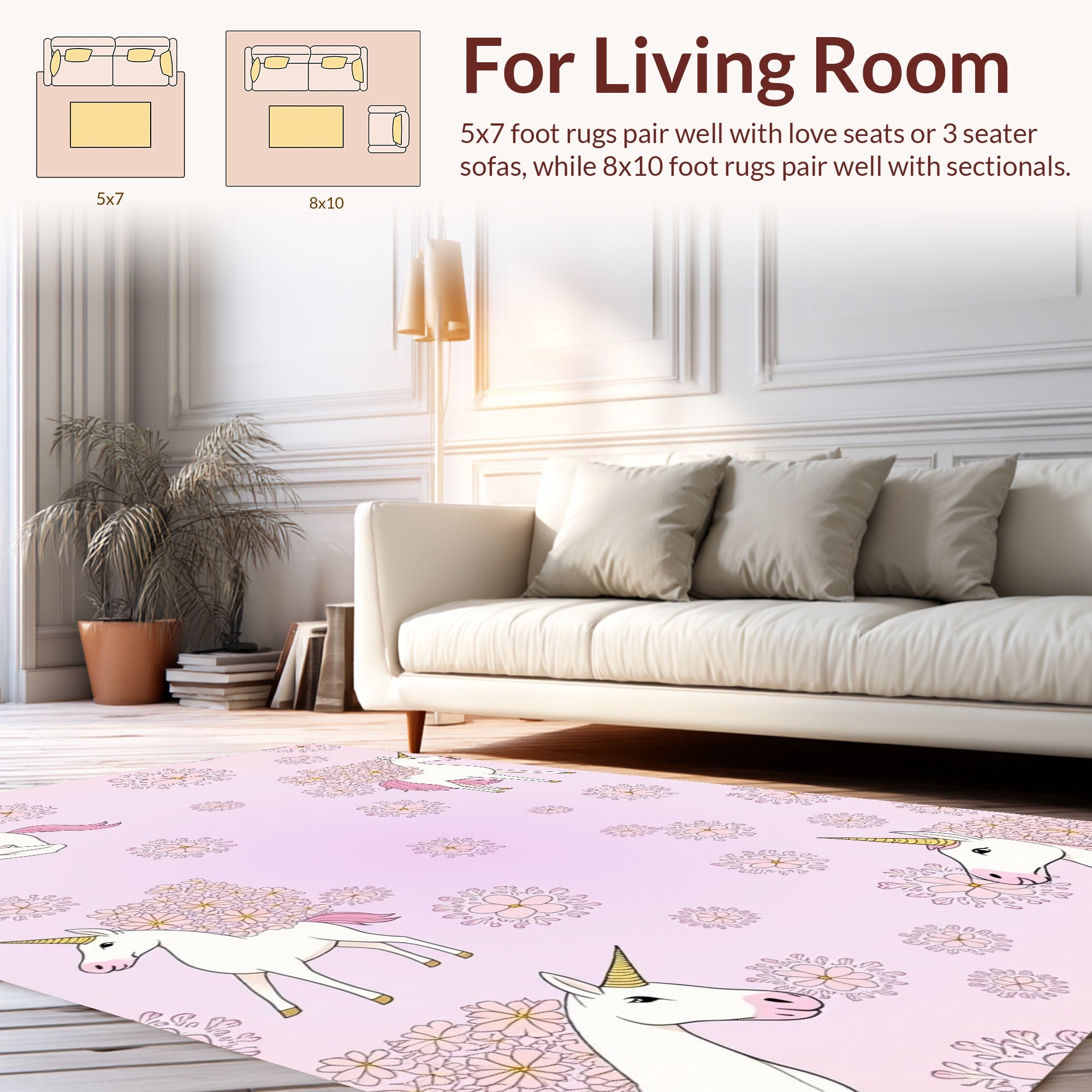 Whimsical Unicorn Flower Pattern Rug