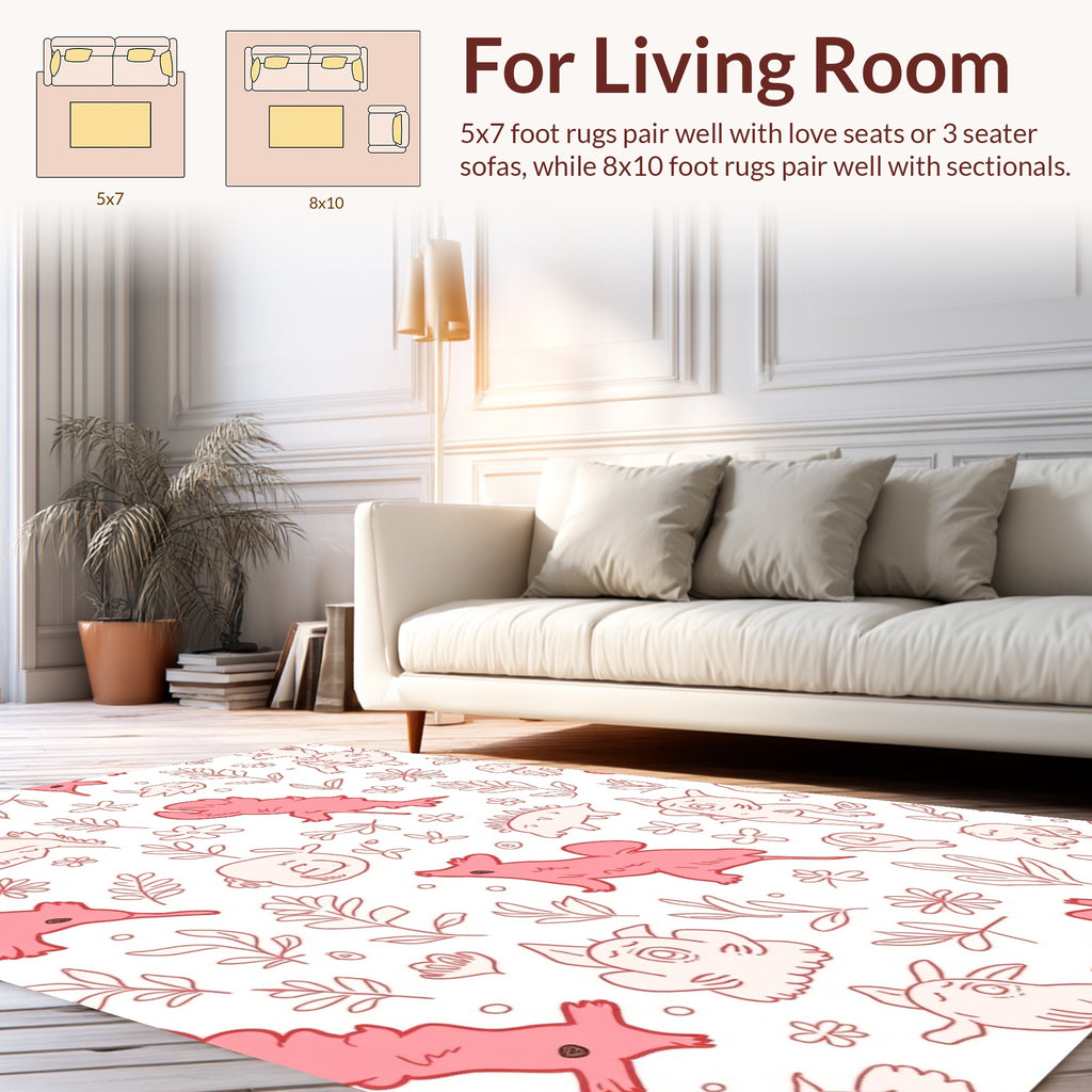 Playful Creatures Floral Illustration Rug