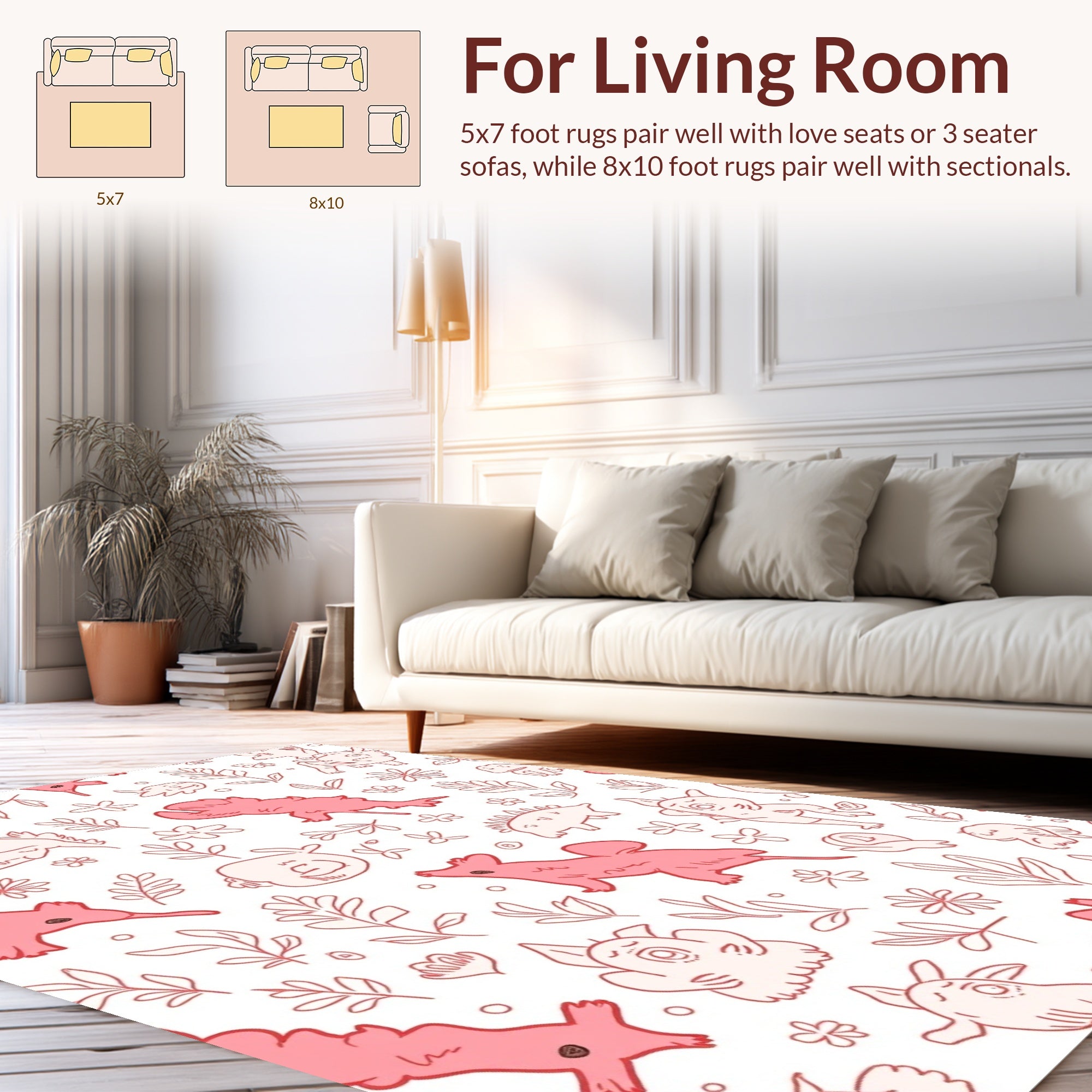 Playful Creatures Floral Illustration Rug