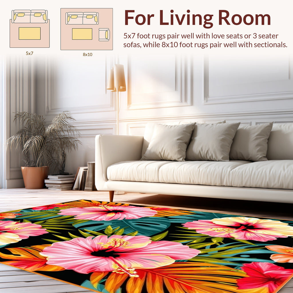 Tropical Hibiscus Palm Leaf Design Rug