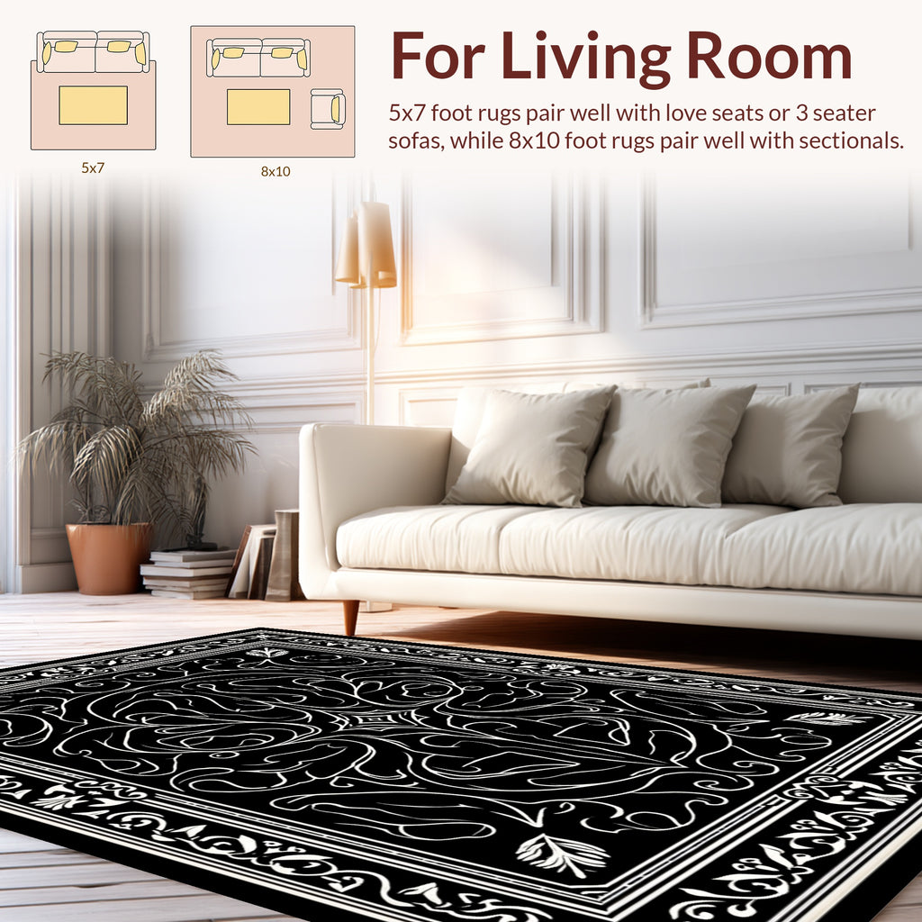Elegant Black White Floral Scroll Design Rug