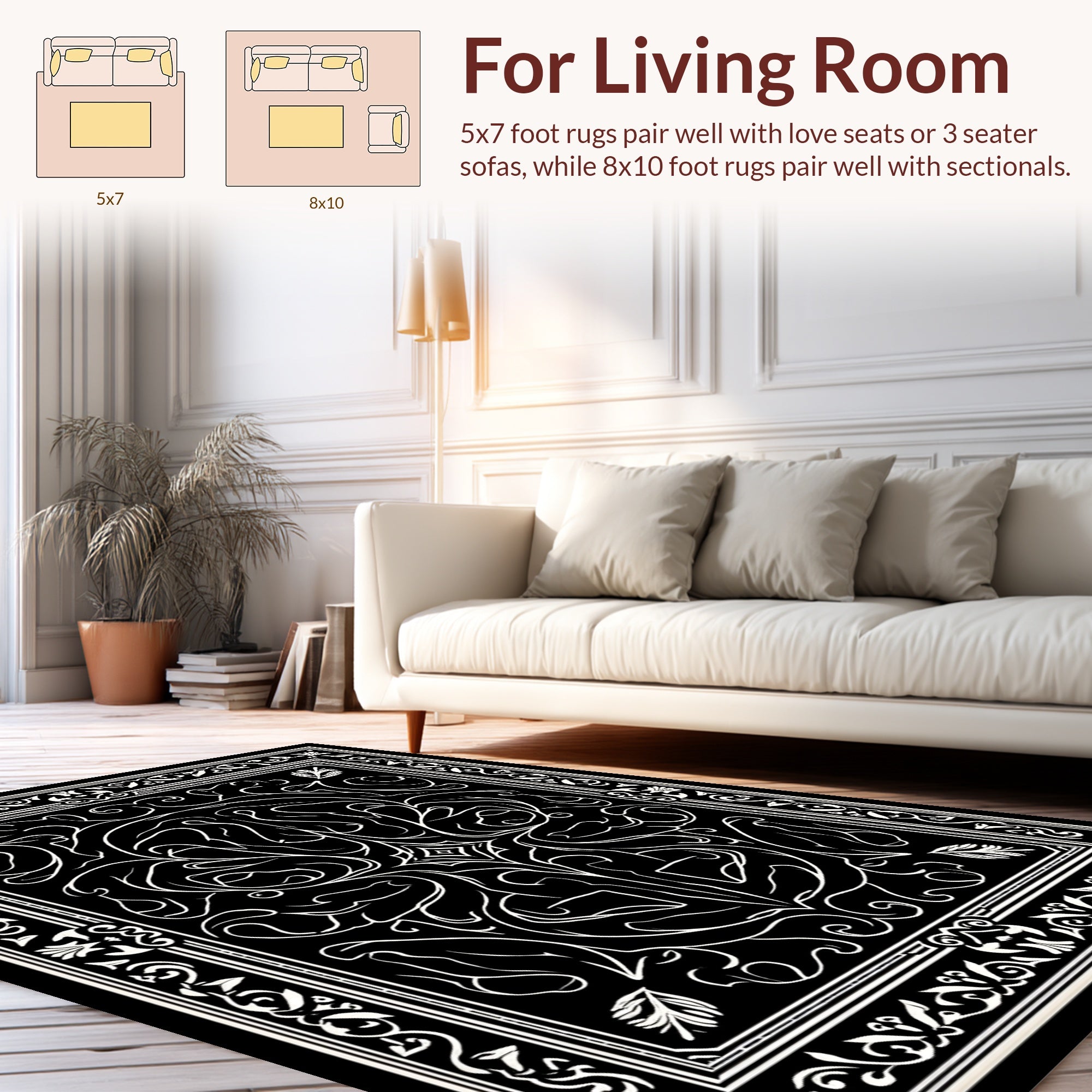 Elegant Black White Floral Scroll Design Rug