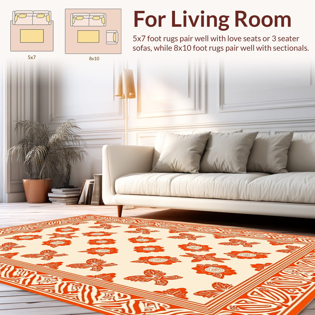 Orange Floral Butterfly Border Pattern Rug