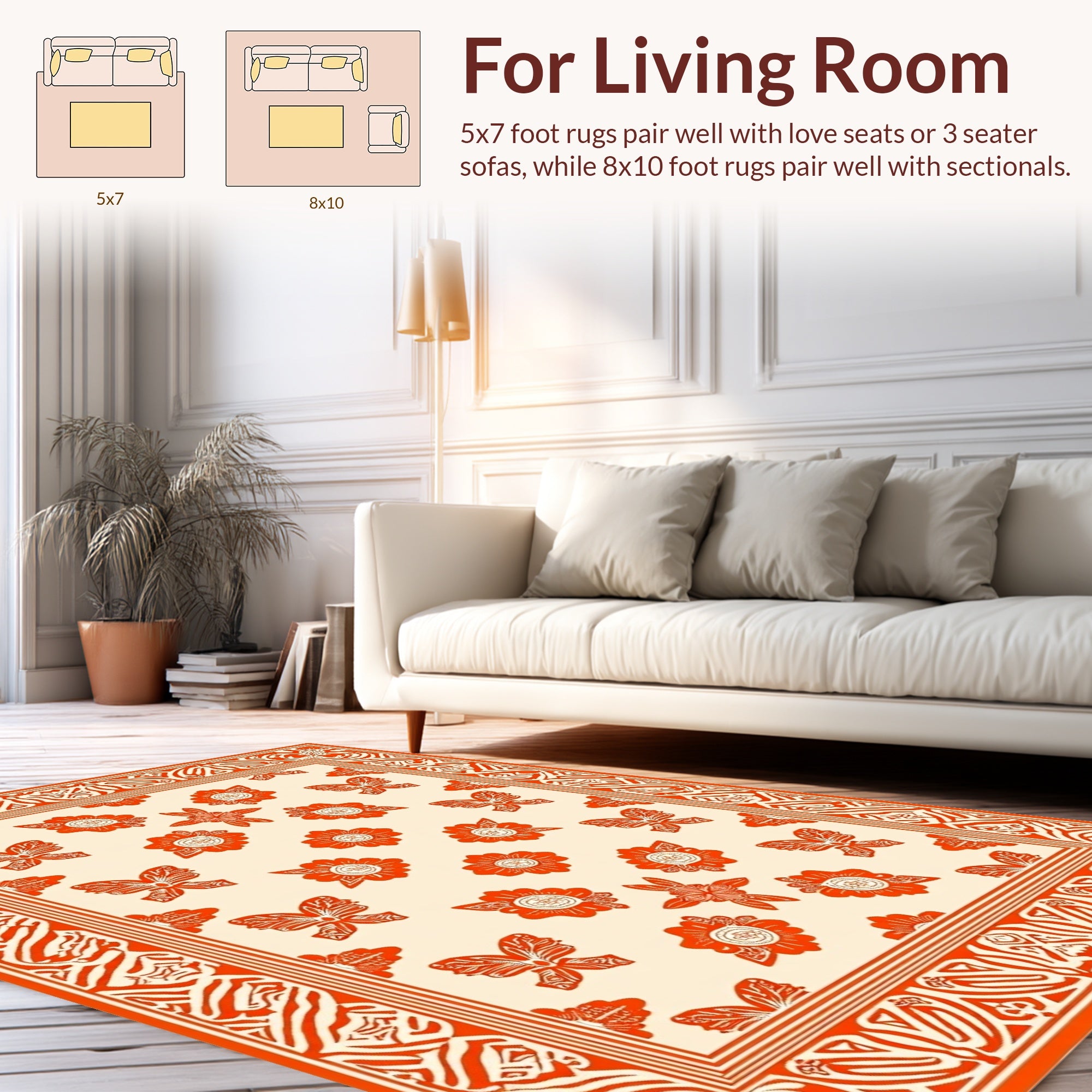 Orange Floral Butterfly Border Pattern Rug