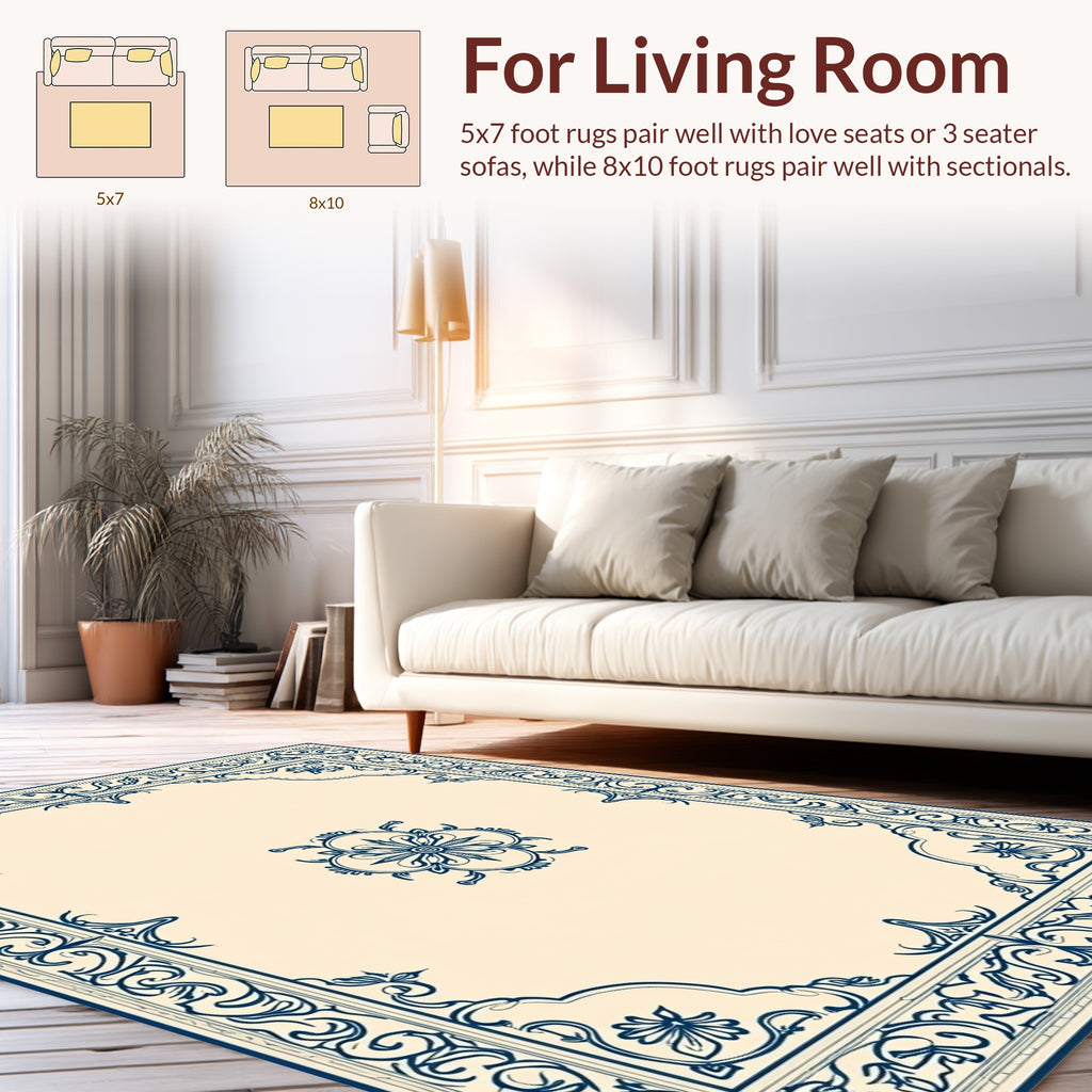 Ornate Floral Border Cream and Navy Rug