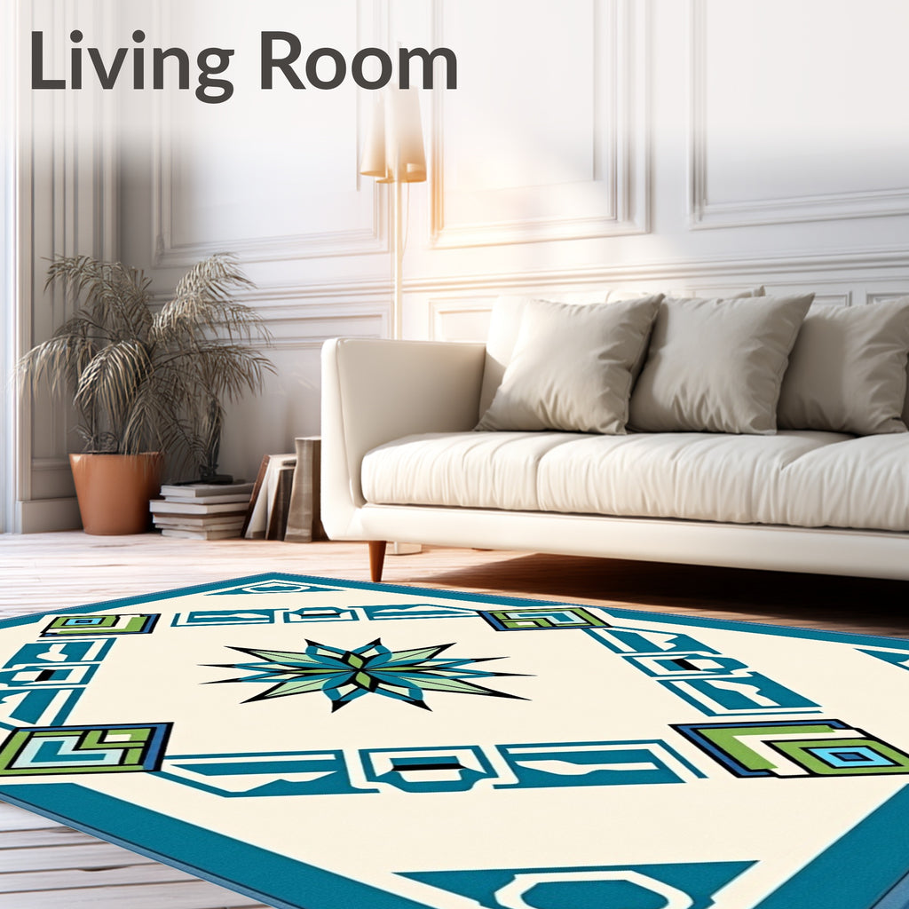 Teal Blue Geometric Starburst Rug