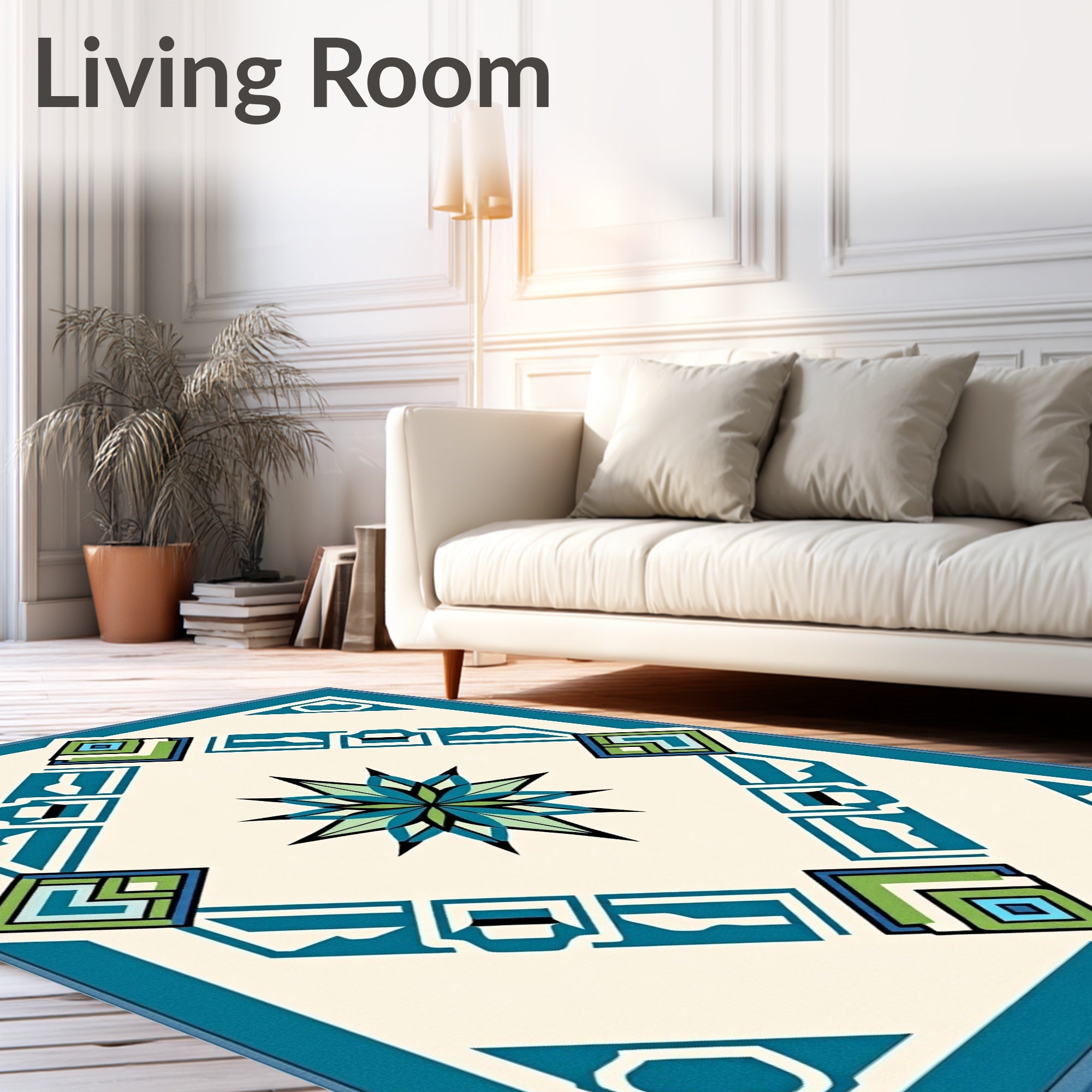 Teal Blue Geometric Starburst Rug