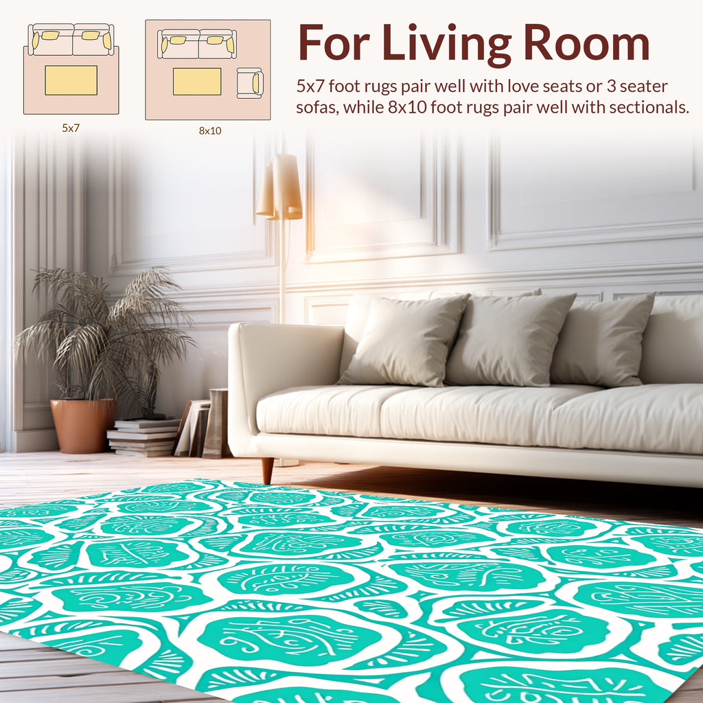 Teal White Organic Abstract Pattern Rug