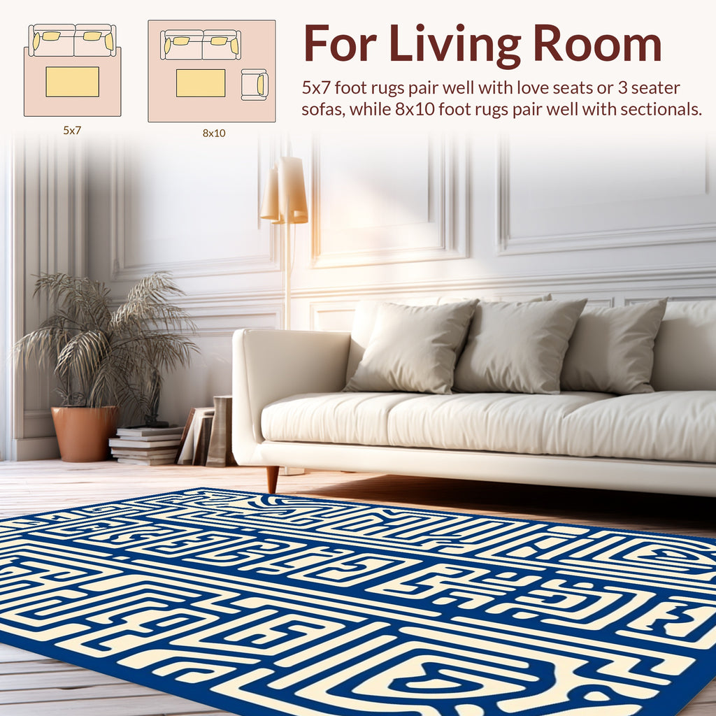Abstract Blue Cream Maze Design Rug