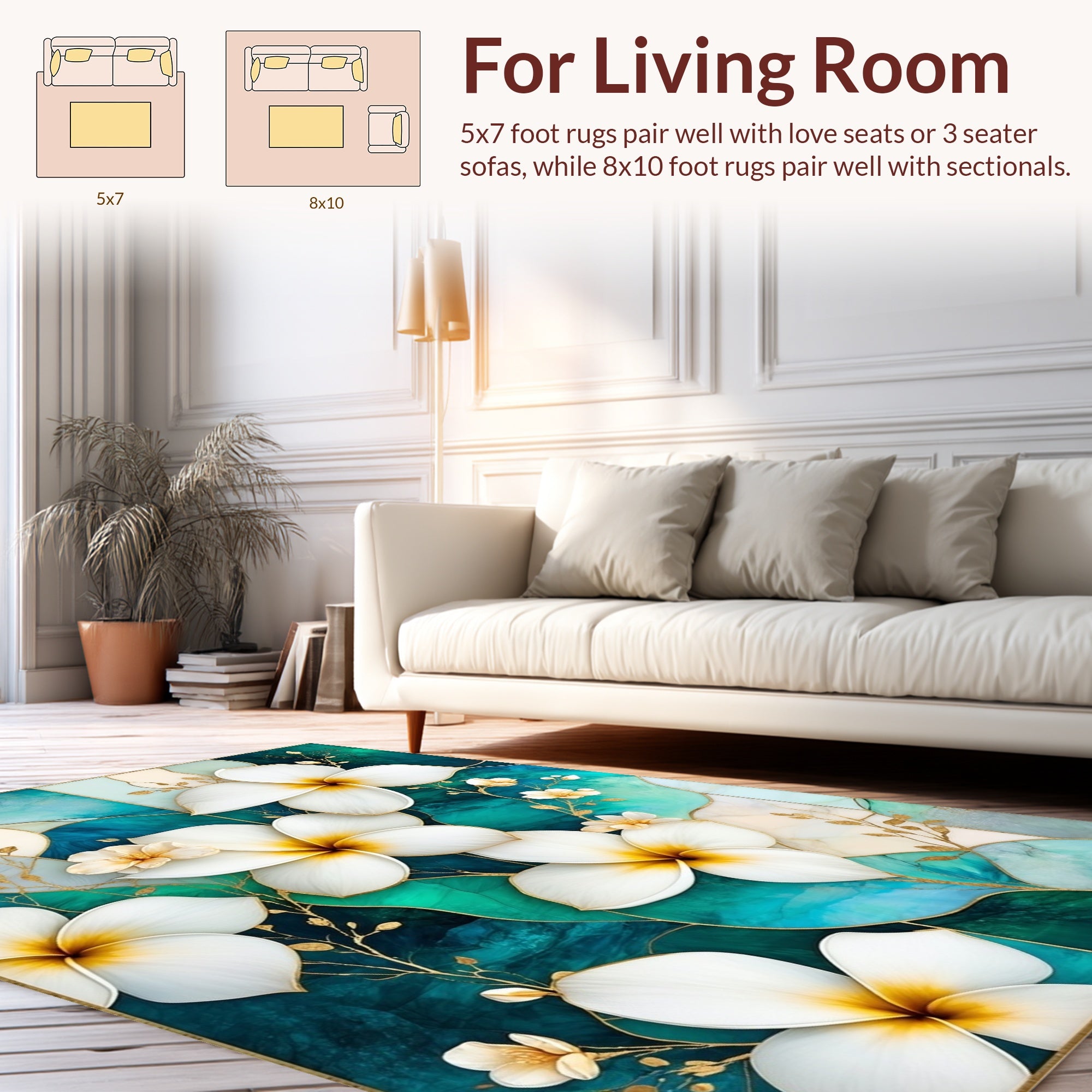 White Gold Floral Watercolor Rug