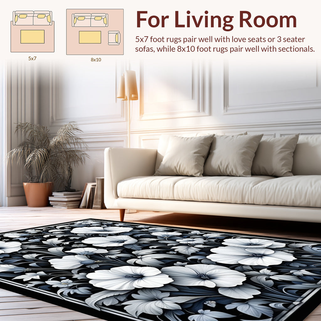 Delicate Floral Patterned Monochrome Rug