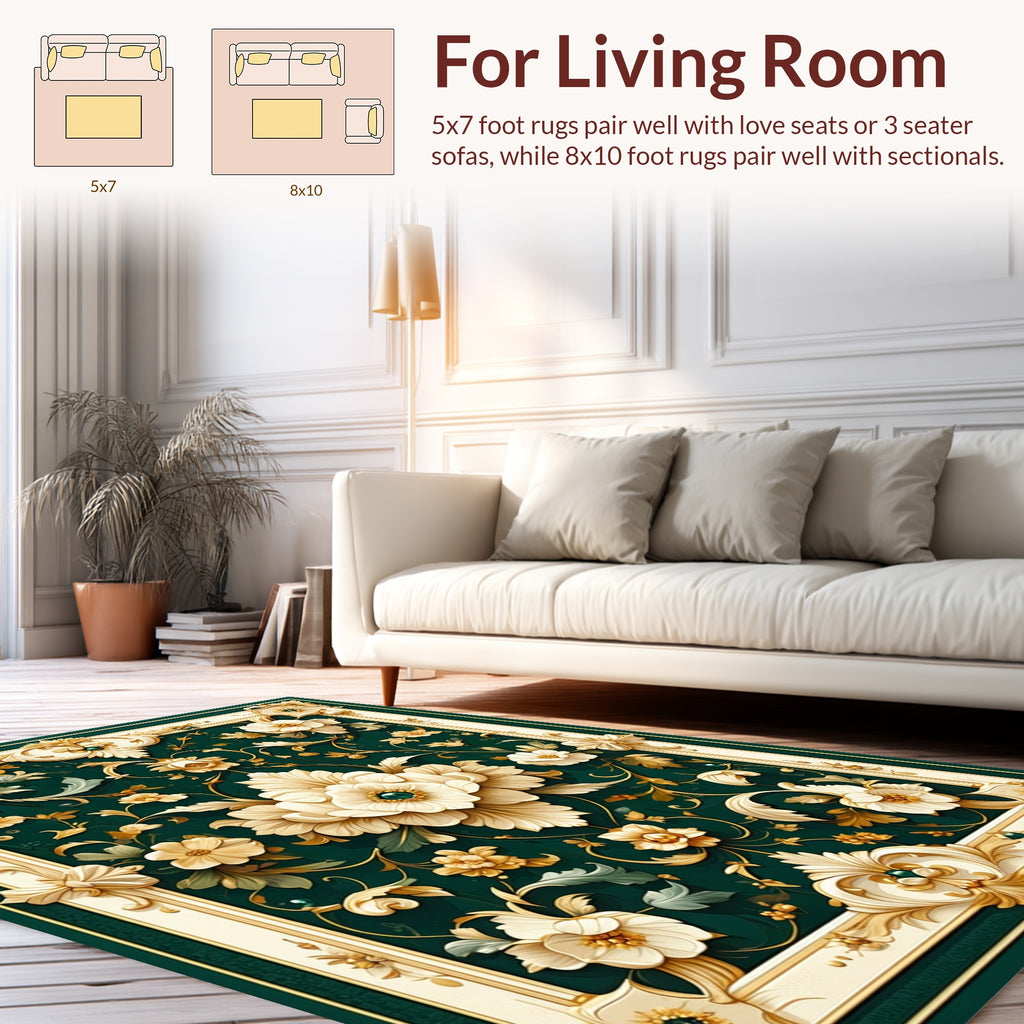 Elegant Floral Scrollwork Emerald Green Rug