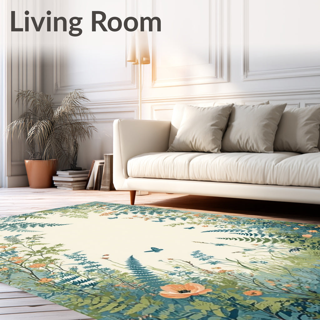 Whimsical Floral Fern Butterfly Garden Rug