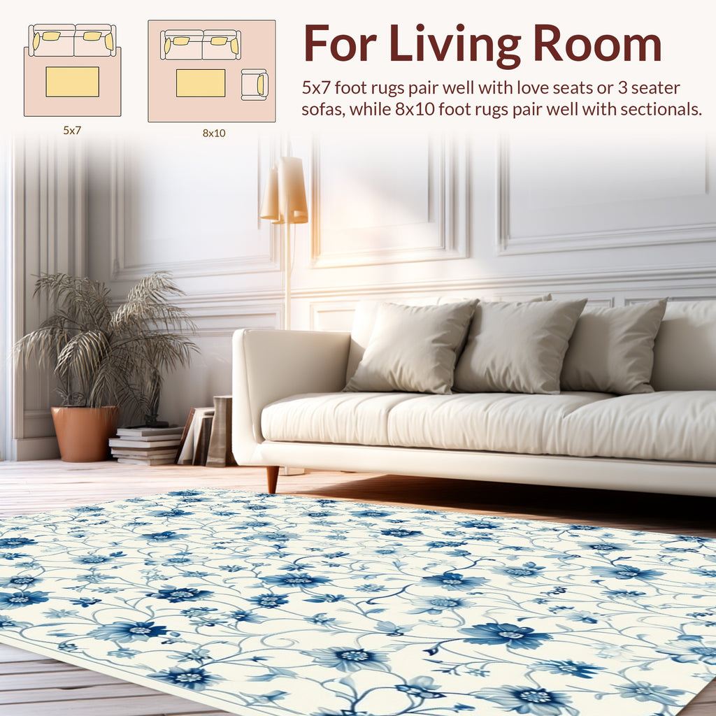 Classic Blue Floral Vine Pattern Rug