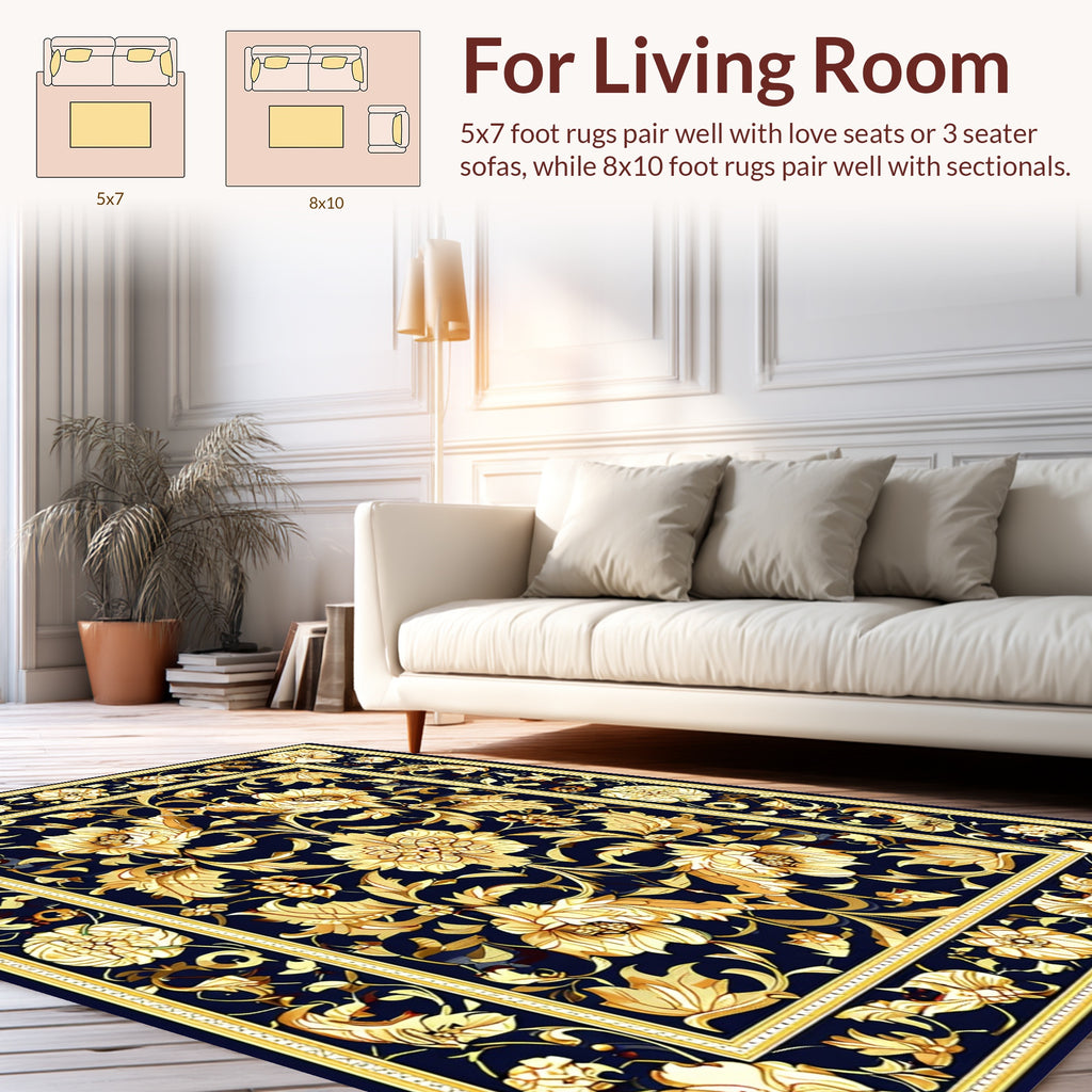 Classic Floral Golden Dark Blue Rug