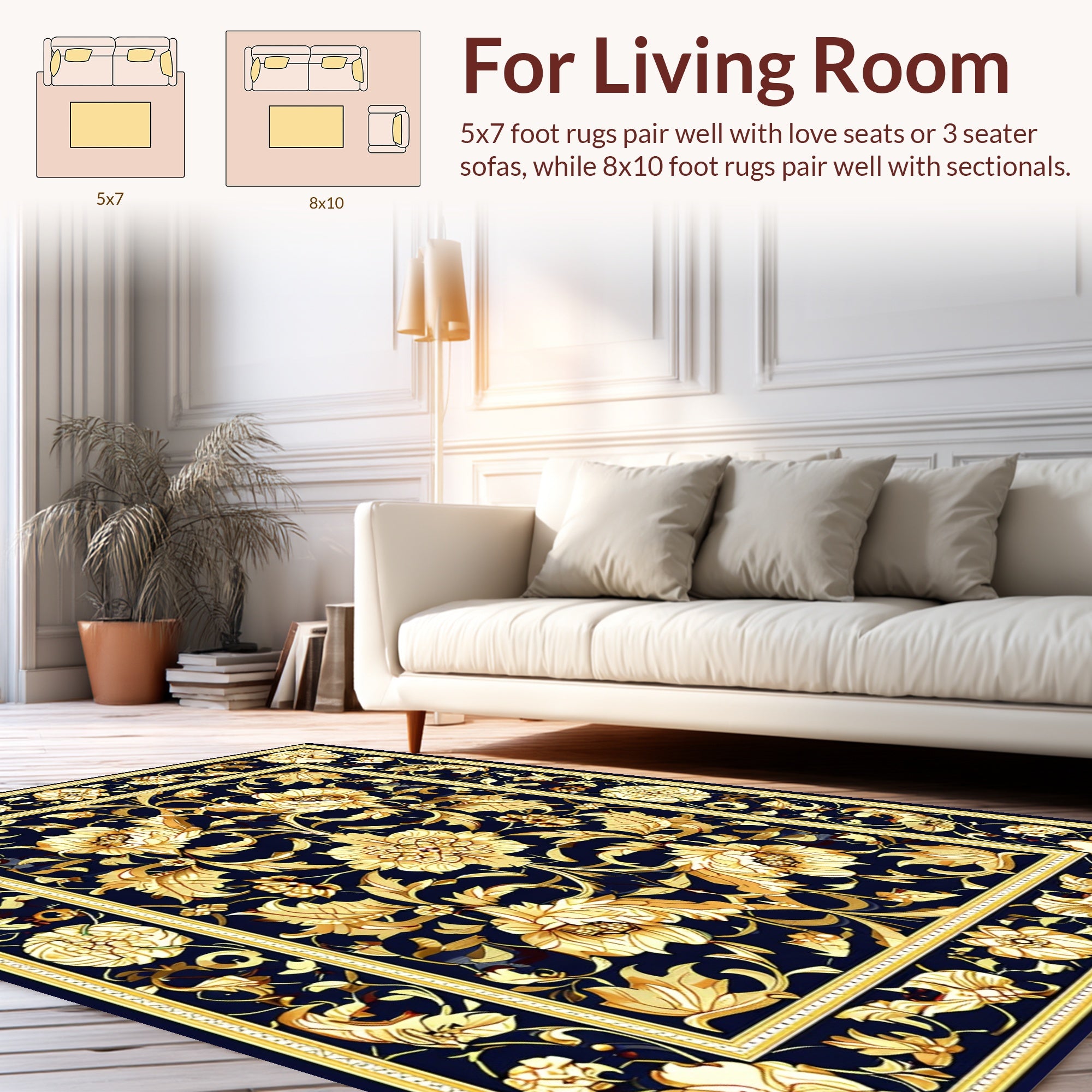Classic Floral Golden Dark Blue Rug
