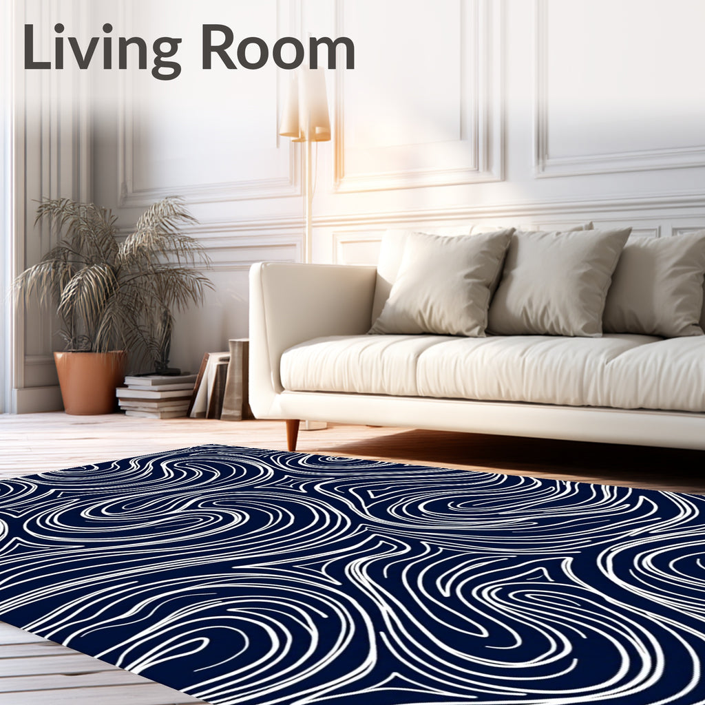 Navy White Abstract Swirl Flow Rug