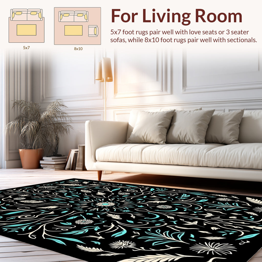 Botanical Swirl Cream Teal Design Rug