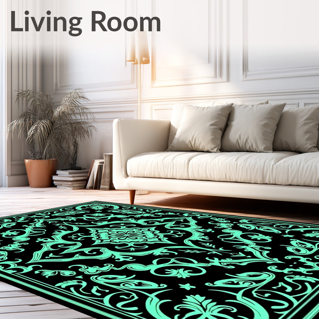 Aqua Floral Medallion Black Border Rug