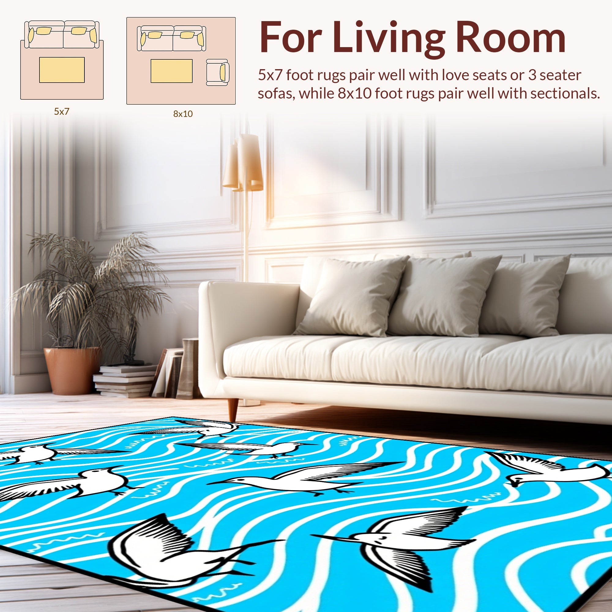 Coastal Seagulls On Blue Waves Design Rug