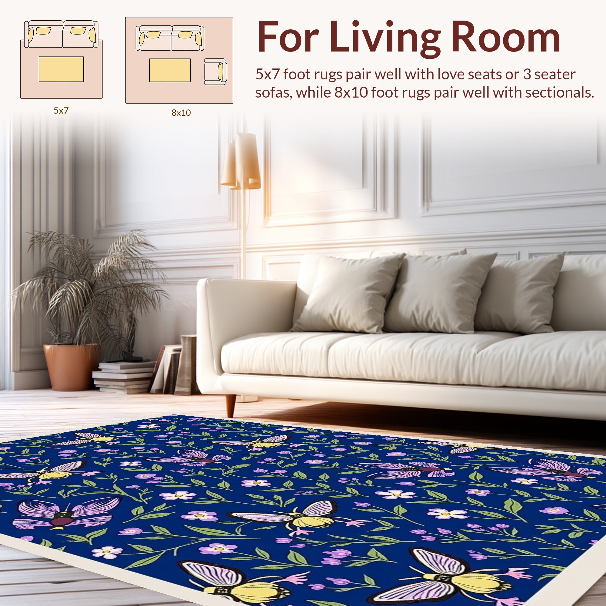 Navy Floral Moth Pattern Rug