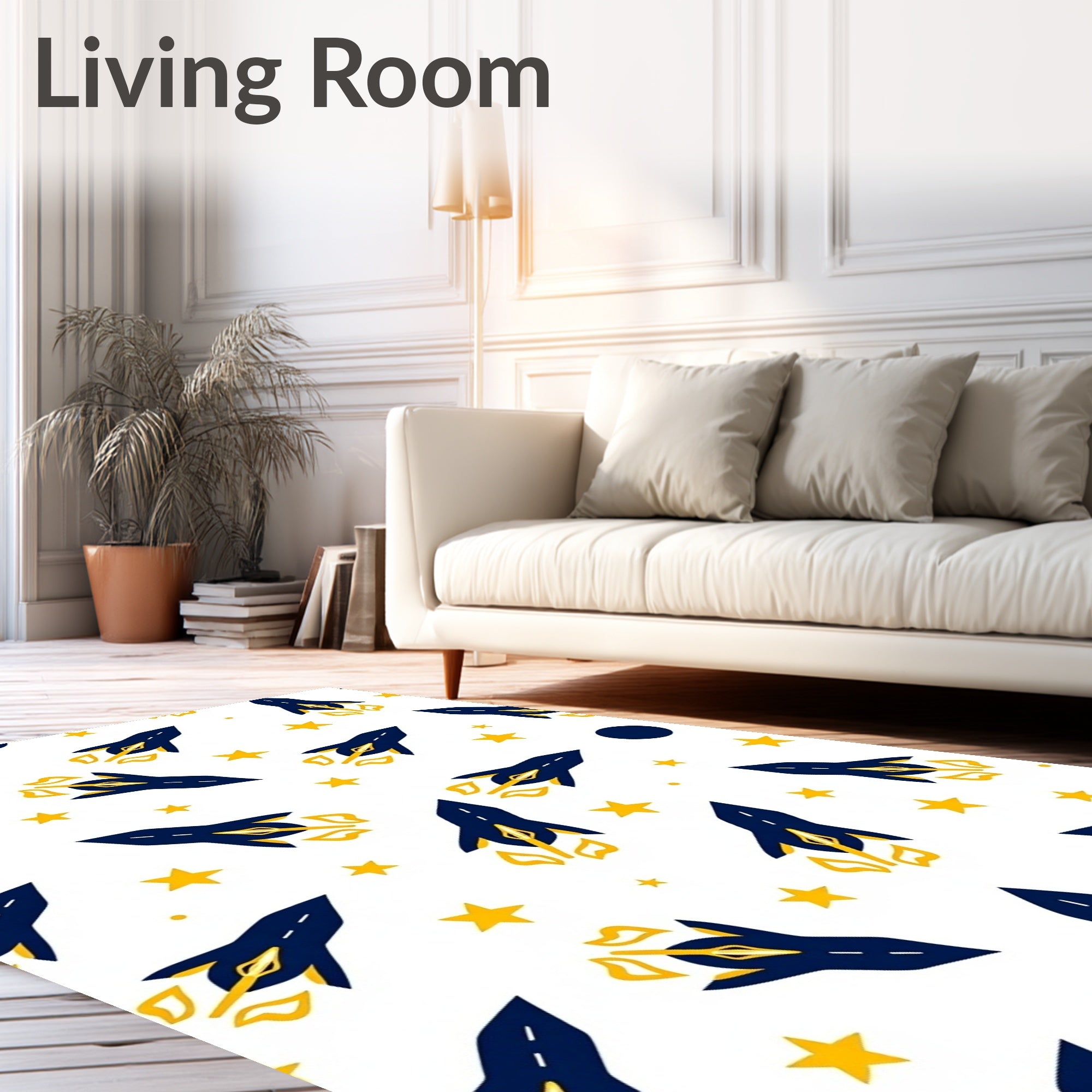 Dark Blue Rocket Ship Starscape Rug