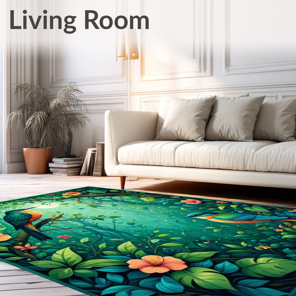 Vivid Bird Floral Jungle Scene Rug