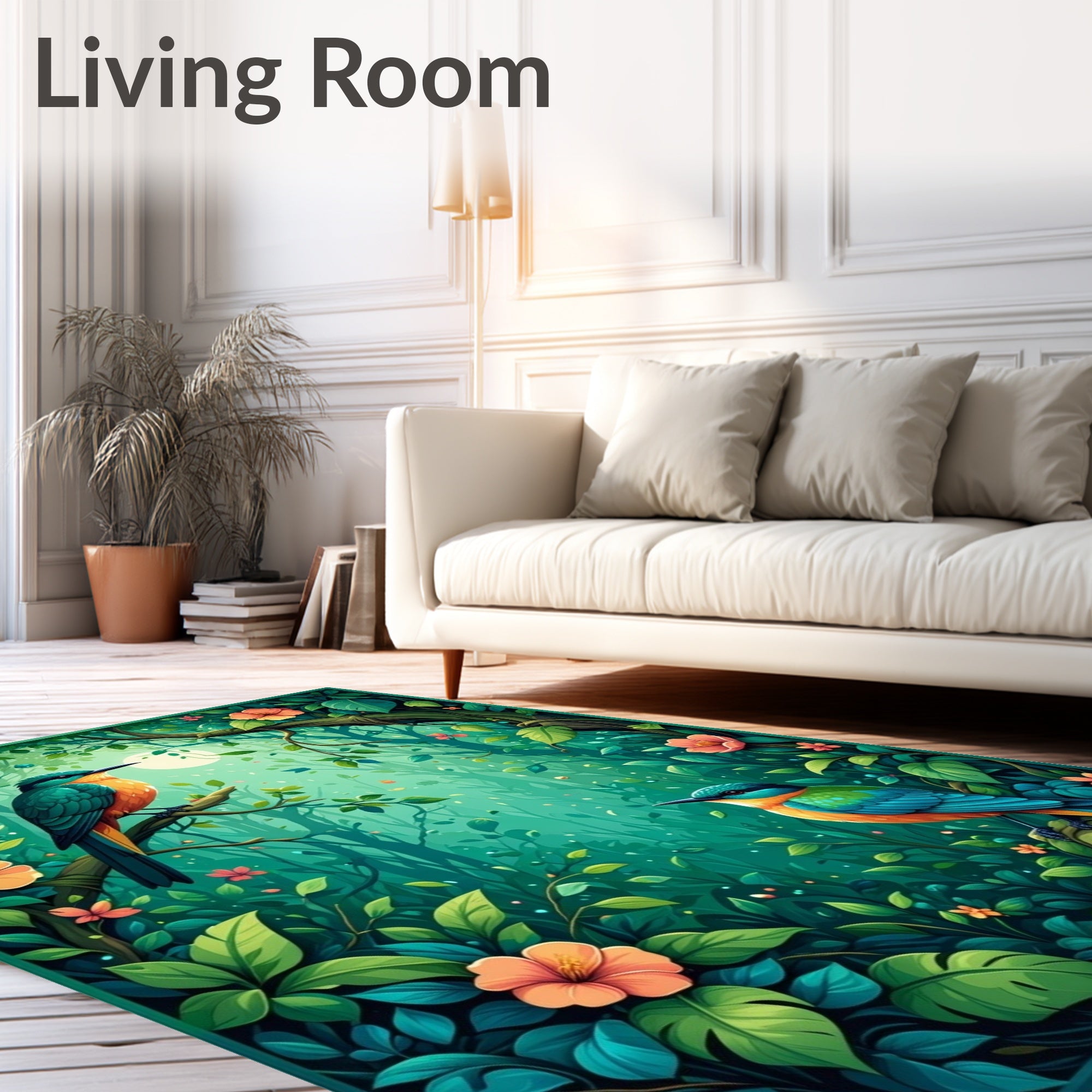 Vivid Bird Floral Jungle Scene Rug